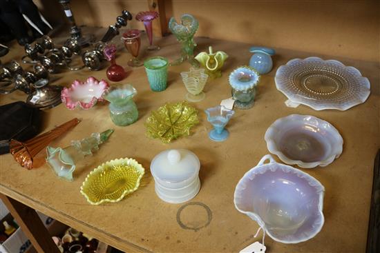 Collection of variously-coloured glassware, inc dishes, posy vases, lidded pot, etc (20, some faults)